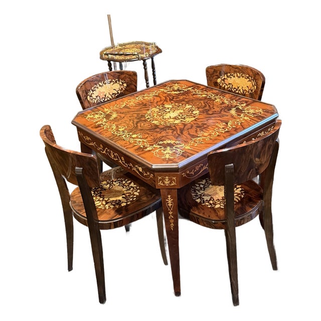 1980s Italian Inlaid Marquetry Multi-Game Table With Roulette & 4 Chairs For Sale
