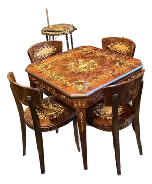 1980s Italian Inlaid Marquetry Multi-Game Table With Roulette & 4 Chairs