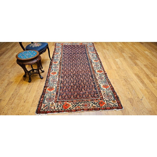 19th Century Persian Kurdish Gallery Rug, Hand-Knotted Wool, All-Over Paisley & Poppy Pattern, Navy & Ivory, 5x10 For Sale - Image 9 of 18