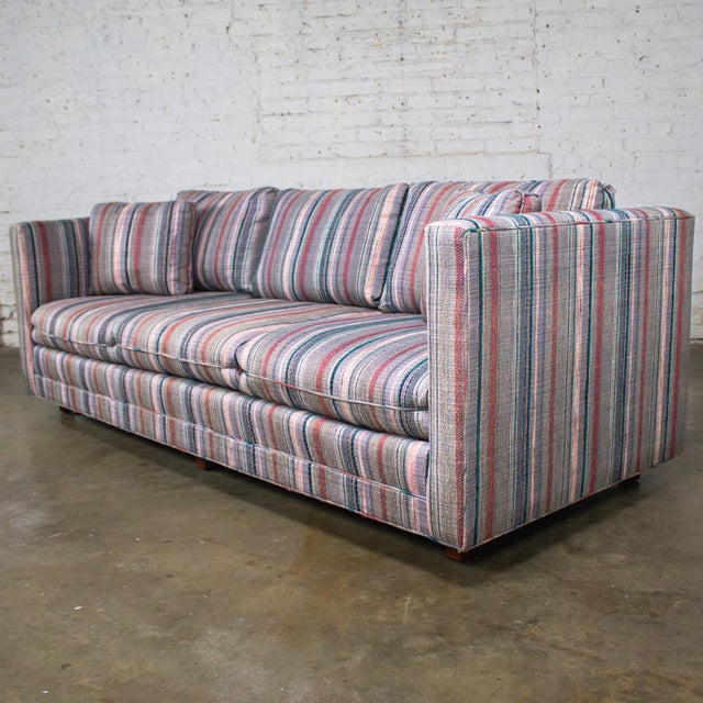 Modern 1987 Modern Tuxedo Style Sofa by Thomasville Navy, Gray, Lavender, & Red Striped Upholstery For Sale - Image 3 of 18