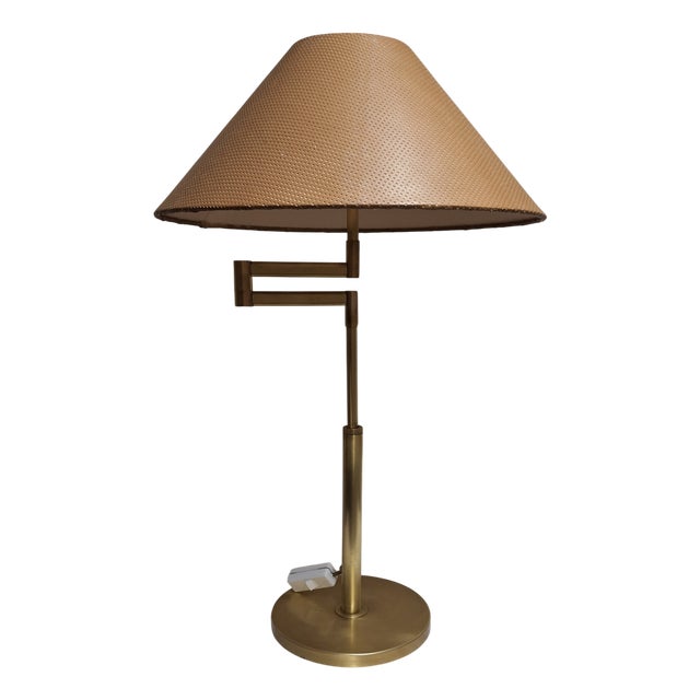 Vintage Brass Height-Adjustable Table Lamp with Handmade Faux Leather Swivel Shade, 1970s For Sale
