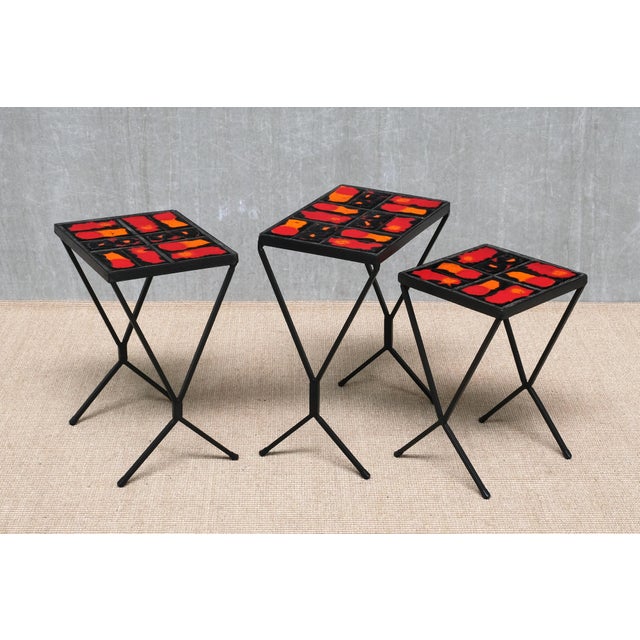 French Modern Nesting Tables with Red and Orange Ceramic Tile Tops, 1950s, Set of 3 For Sale - Image 11 of 15