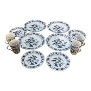 Vintage Blue and White Nikko Ming Tree Blue Chinoiserie Ironstone Set- 12 Pieces For Sale