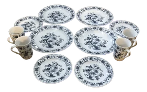 Vintage Blue and White Nikko Ming Tree Blue Chinoiserie Ironstone Set- 12 Pieces