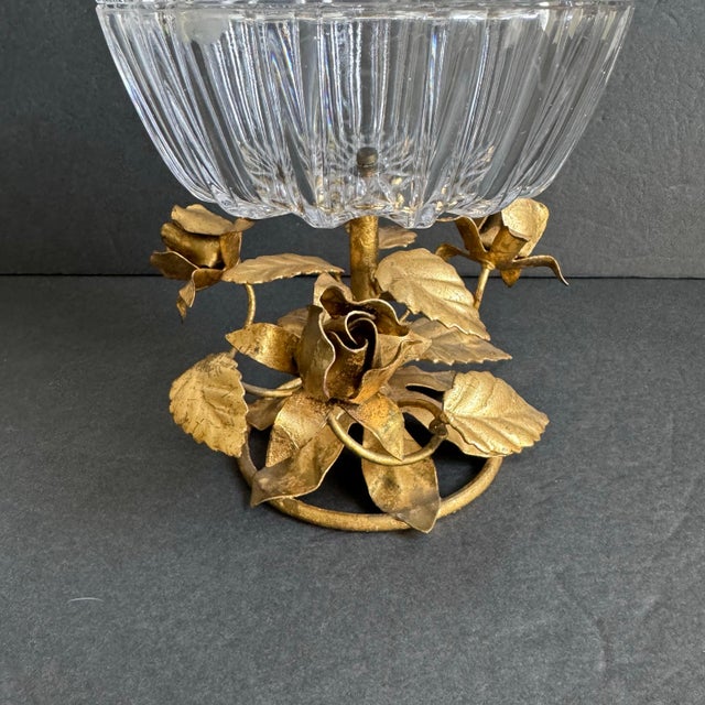 Mid 20th Century Vintage Italian Gilded Bowl With Lid Lidded Crystal Pedestal Candy Dish Gold Rose For Sale - Image 5 of 12
