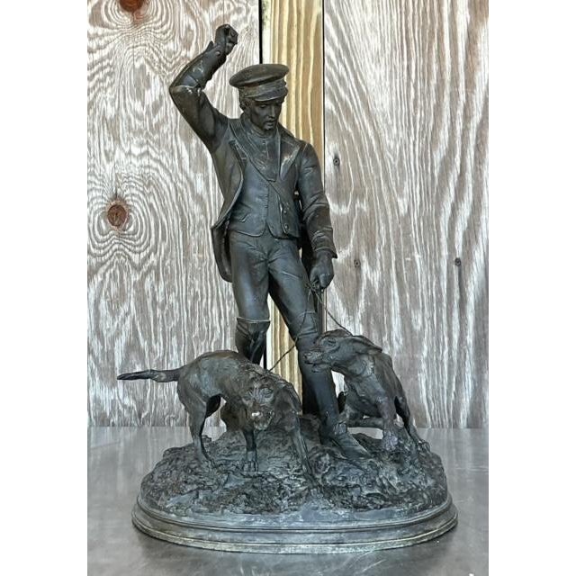 Metal Vintage Boho Patinated Metal Man With Hounds Sculpture For Sale - Image 7 of 8