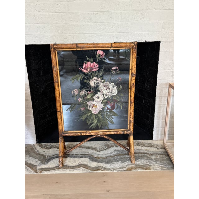 Beautiful late Victorian bamboo and painted glass firescreen. The bamboo is unusually lovely and goes wonderfully with the...