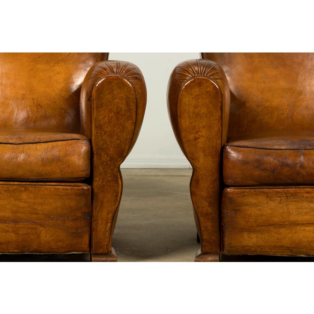 1920s French Art Deco Scalloped Back Cognac Leather Club Chairs – A Pair For Sale - Image 11 of 18