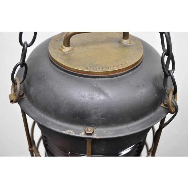 Antique Durkee Marine Ship Lantern Fixture Red Fresnel Pendant Chandelier (A) For Sale In Philadelphia - Image 6 of 12