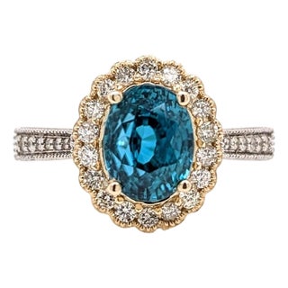 4.1Ct Blue Zircon Ring With Diamond Accents: Solid 14k Dual Gold, Oval 9x7mm, Size 6.75 For Sale