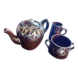 Mid 20th Century Brown Glazed Porcelain Teapot, Sugar Bowl & Creamer Set With Silver Overlay in Art Nouveau Design- 3 Pieces