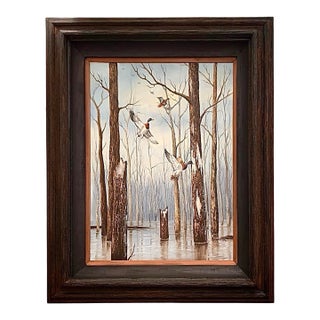 Late 20th Century Painting Mallards in Flight Oil on Canvas Duck in Hunting Scene Signed J.Lutz Wildlife Art Decor For Sale