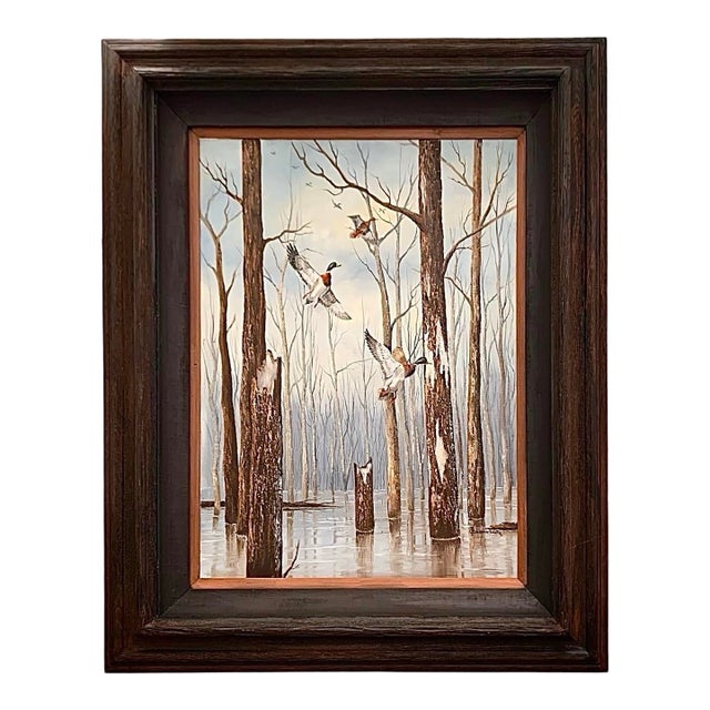 Late 20th Century Painting Mallards in Flight Oil on Canvas Duck in Hunting Scene Signed J.Lutz Wildlife Art Decor For Sale