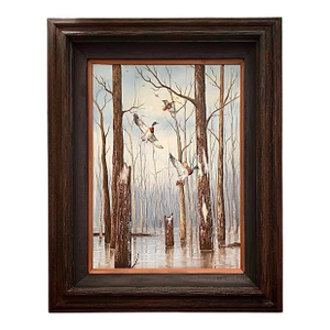 Late 20th Century Painting Mallards in Flight Oil on Canvas Duck in Hunting Scene Signed J.Lutz Wildlife Art Decor