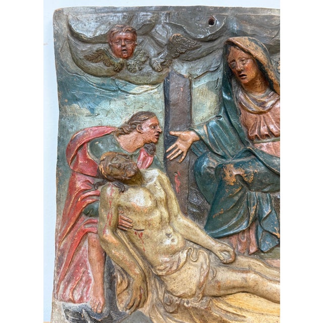 Ceramic 19th Century Italian Polychromed Terracotta Relief Plaque of the Pietà For Sale - Image 7 of 13