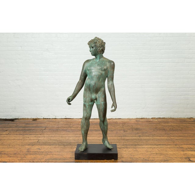 Mid 20th Century Greco Roman Style Verde Bronze Nude Male Statue For Sale - Image 4 of 13