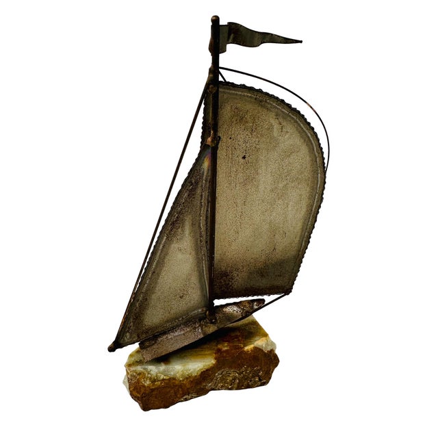 1970s Brutalist Metal Sailboat Sculpture on Onyx Base by DeMott - Set With Original Tag For Sale In Tampa - Image 6 of 16