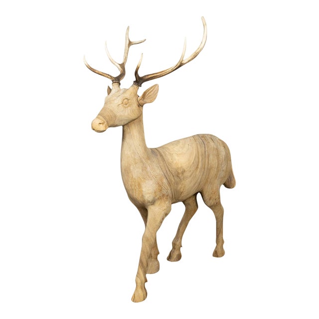 Vintage Midcentury Sculpture of a Walking Stag with Antlers and Natural Patina For Sale