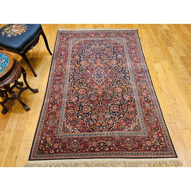 Red Vintage Persian Kashan Area Rug, Hand-Knotted Wool, Floral Pattern, Red & Navy, 5x7 For Sale - Image 8 of 17
