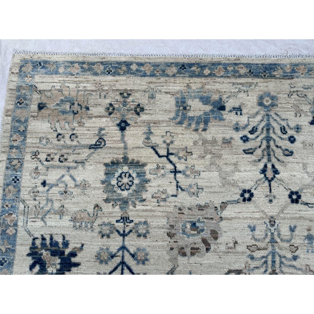 Oushak Handmade Wool Rug With Blue and Ivory Floral Design For Sale - Image 10 of 12