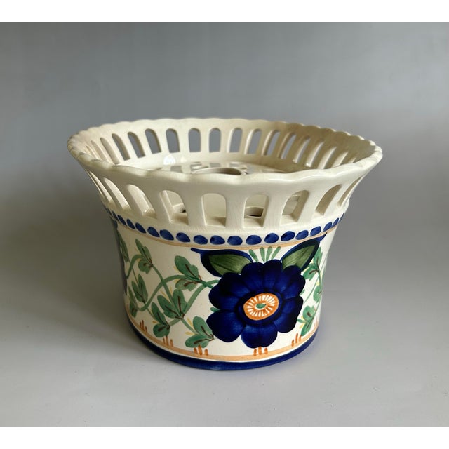 Antique Danish Ceramic Aluminia Faience Jardiniere With Flower Frog Insert For Sale - Image 4 of 12