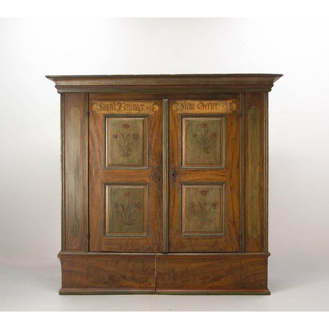 Late 18th Century Swiss Painted Wedding Pine Armoire For Sale - Image 3 of 18