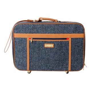 1980s Frequent Traveler Blue Tweed Rolling Suitcase For Sale