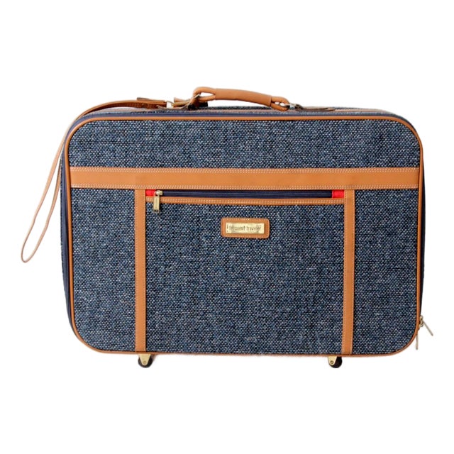 1980s Frequent Traveler Blue Tweed Rolling Suitcase For Sale