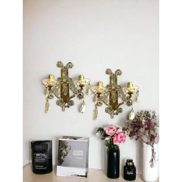 Crystal mirrored sconces, set of 2, 1950’s crystal beaded frames antique mirror has signs of age the back of one mirror...