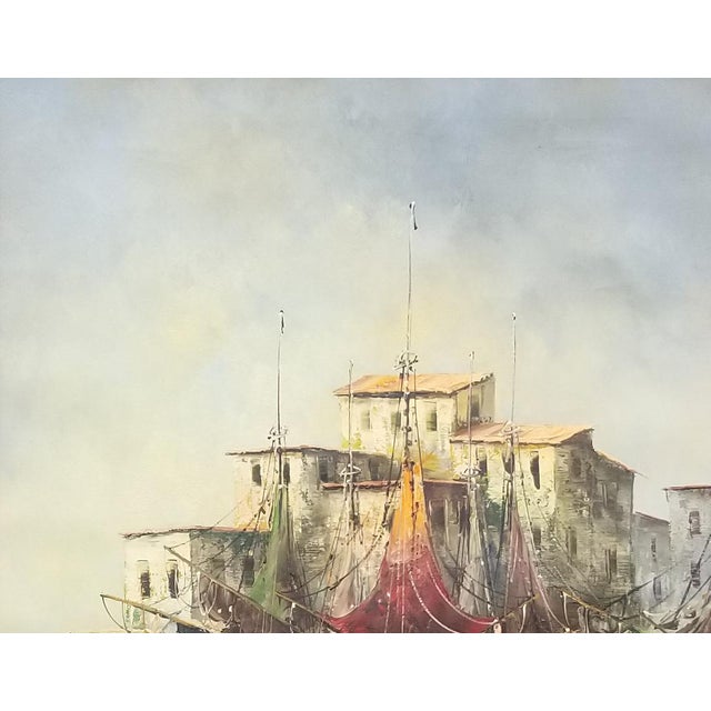 Nautical 1960s Eleonore Guinther Oil on Canvas Harbor Scene For Sale - Image 3 of 6