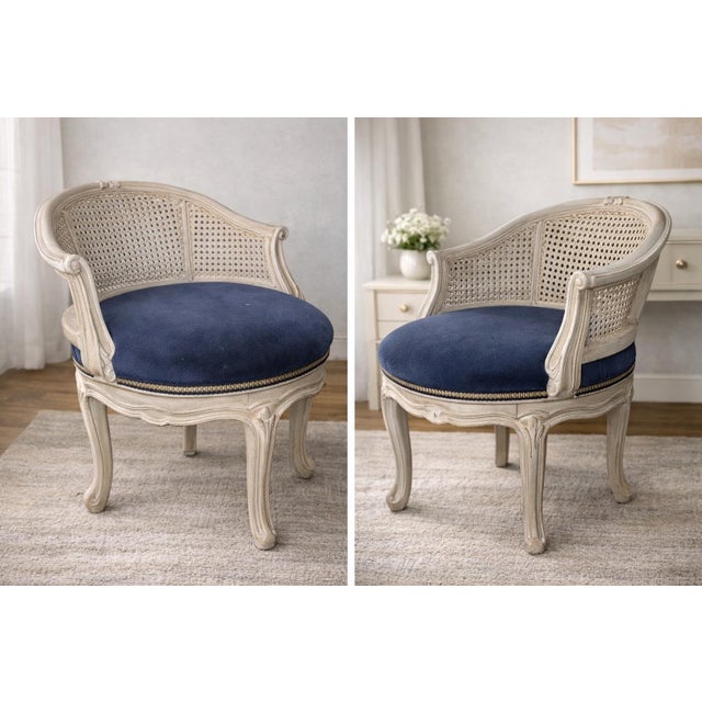 Gorgeous french blue and grey caned back swivel chair . Chic silhouette and perfect addition to any room!