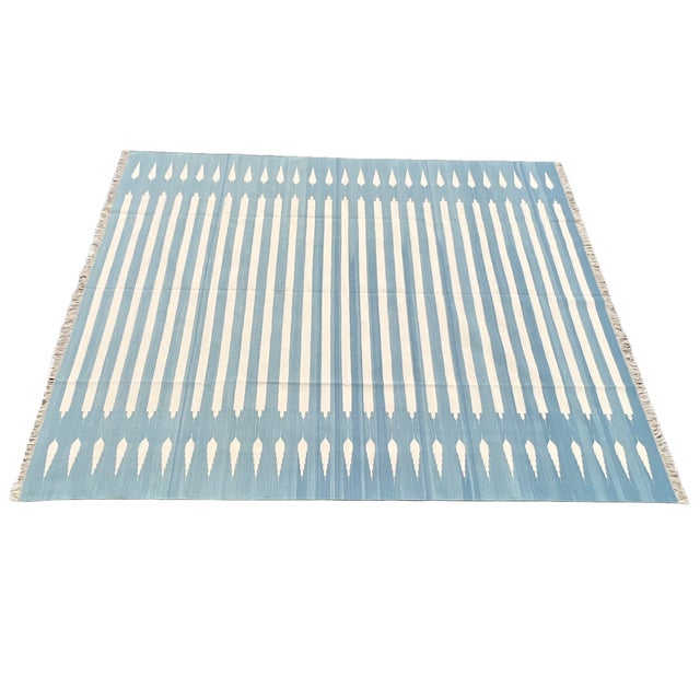 Sky Blue Handmade Cotton Flat Weave Area Rug, Sky Blue and White Striped Dhurrie - 10'x14' For Sale - Image 8 of 14