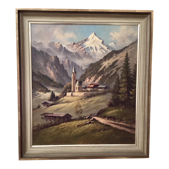 Early 20th Century Mid Century Modern Oil Painting Alpine Church Landscape by Othmar Wagner Austria For Sale