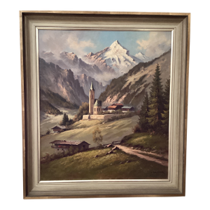 Early 20th Century Mid Century Modern Oil Painting Alpine Church Landscape by Othmar Wagner Austria