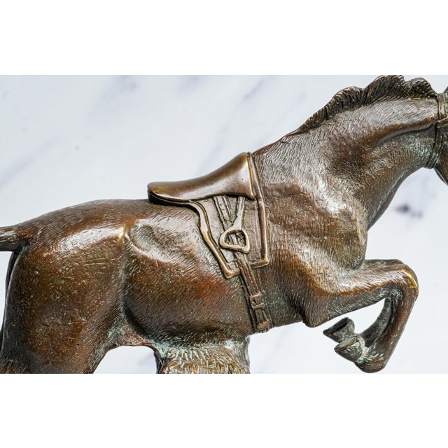 Finely Cast Vintage Bronze Jumping Horse Statue Sculpture Marble Base Equestrian For Sale - Image 4 of 14