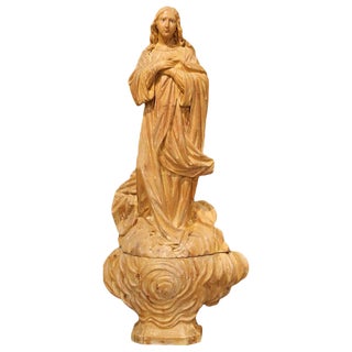 Early 19th Century French Carved Pine Religious Figure on Carved Cloud Form Base For Sale