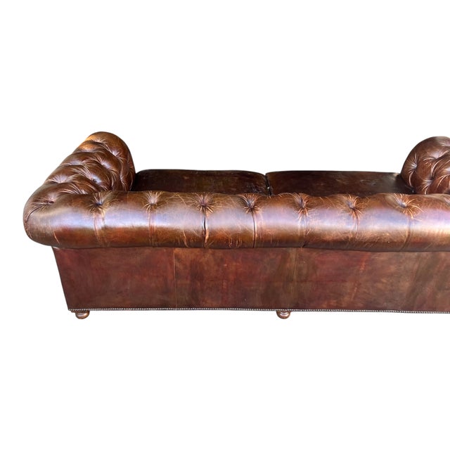 Restoration Hardware Chesterfield Cognac Leather Sofa With Brass Nailhead & Casters For Sale - Image 13 of 18