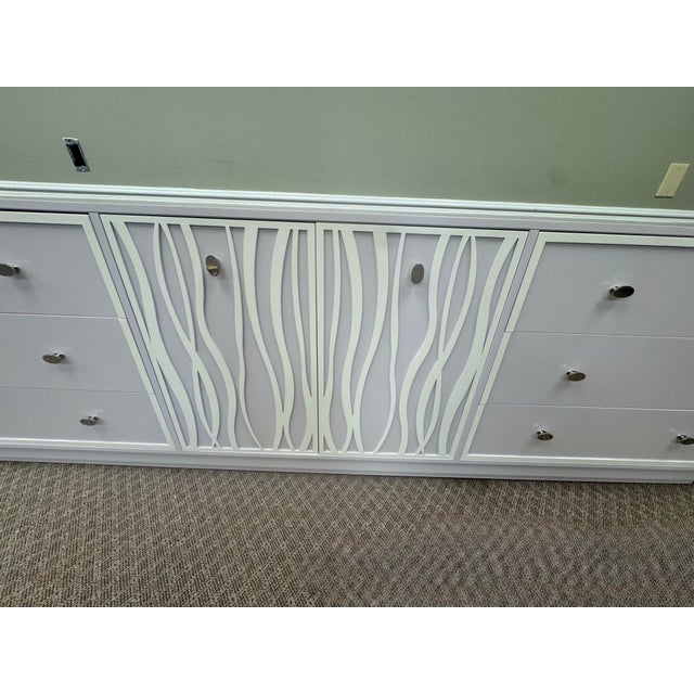 Modern Kindel Furniture Facets 107" Credenza in Wisteria With Sea Glass Overlay For Sale - Image 3 of 9