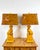 Vintage pair of ceramic foo dog lamps. A gorgeous yellow ochre/marigold/mustard yellow glaze with matching painted wood...