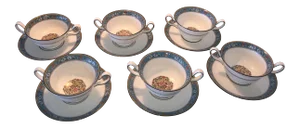 Wedgwood "Turquoise Runnymede" Footed Soup Cups & Saucers Set- 12 Pieces