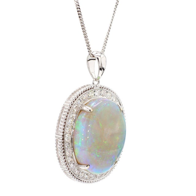 Metal 17.59 Carat White Opal & Diamond Halo Milgrain 18k White Gold Vintage Pendant For Sale - Image 7 of 9