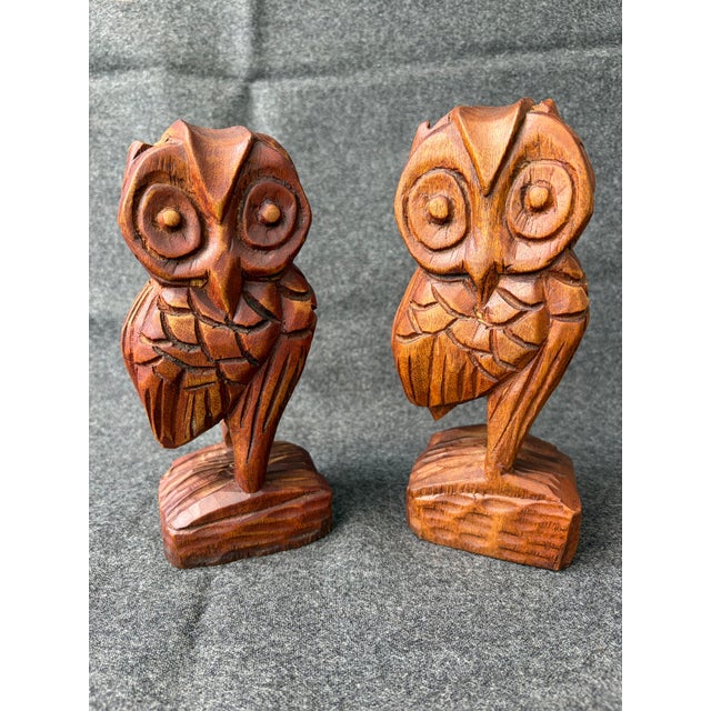 Wood Vintage Carved MC Wooden Owls a Pair For Sale - Image 7 of 13