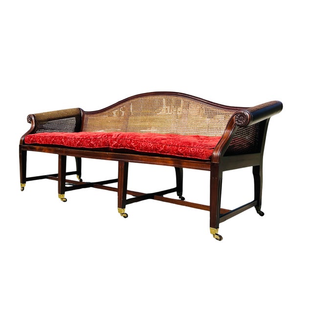 Authenticated Antique Federal Mahogany Caned Settee Sofa, Circa 1800–1815 – Serpentine Back, Reeded Scroll Arms & Original Brass Casters For Sale - Image 12 of 18