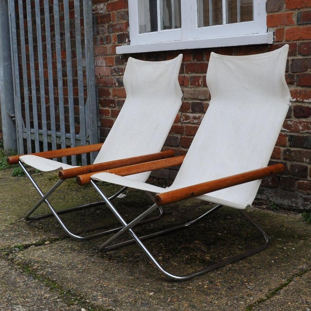 Silver Set of NY Chairs in White Canvas attributed to Takeshi Nii, Japan, 1950s For Sale - Image 8 of 14