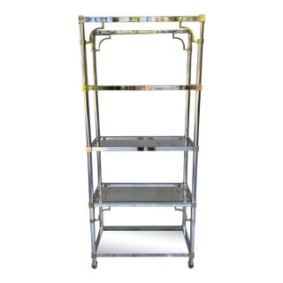 Midcentury Mastercraft Chrome Etagere Bookcase With Gold Accent Fretwork For Sale