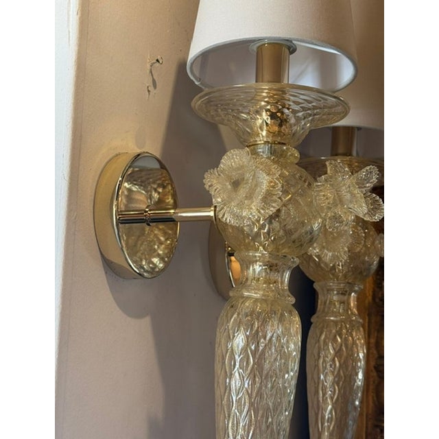 Glass Murano Gold Venetian Style Flower Sconces - a Pair For Sale - Image 7 of 8