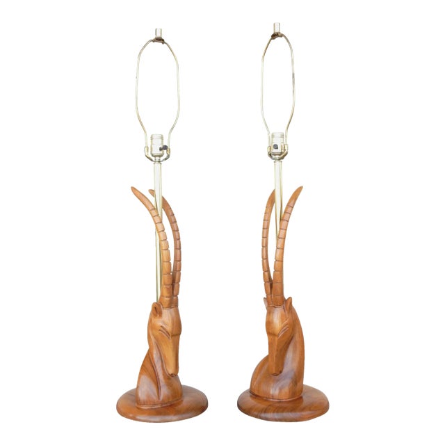 Moderne Stylized Gazelle Bust Walnut Sculpture Lamps - A Pair For Sale