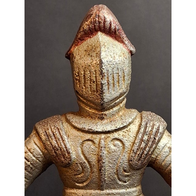 Antique Cast Iron Knight in Armor Doorstop Gold Red Paint 9" Figural Sentry For Sale - Image 10 of 14