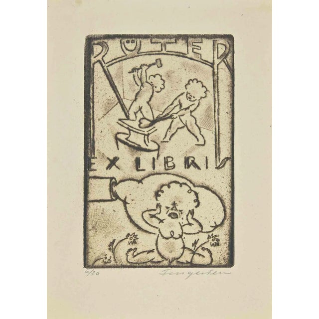 Michel Fingesten, Ex Libris Ruter, Woodcut, 1939 For Sale