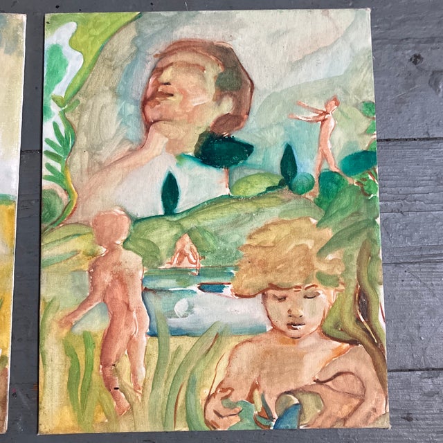 Mid-Century Modern 2 -1970’s Original Surreal Male/Female Abstract in Landscape Nude Paintings -a Pair For Sale - Image 3 of 4